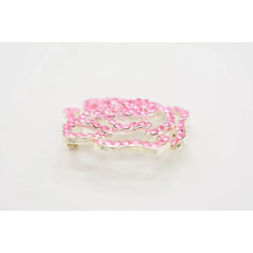 Vintage Rose Pin Brooch Flower Pink Lucite Rhinestone Crystal Silver Tone Bin5B